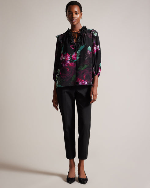 FAIZIAA-Tops-Romance meets effortless glamour in FAIZIAA. Half-length blouson sleeves create a relaxed and feminine look that's perfect for sunny days, while the flower appliqués bring an extra dose of femininity. V-neck top Neck tie Trailing floral print Half length blouson sleeves Cami lining with adjustable straps Flower appliqués- Ted Baker Romania